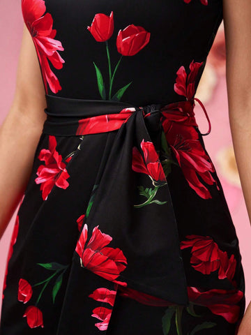 Women's Romantic Floral Print Asymmetrical ASymmetric Neck Tie Waist Mini Dress, Fitted Silhouette