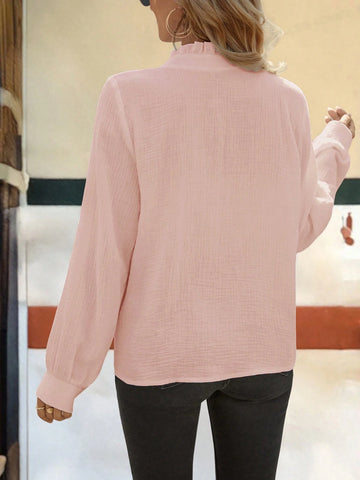 Clasi Women's Round Neck Frilled Stand Collar Front Keyhole Pleated Ruffle Decor Breathable Textured Blouse