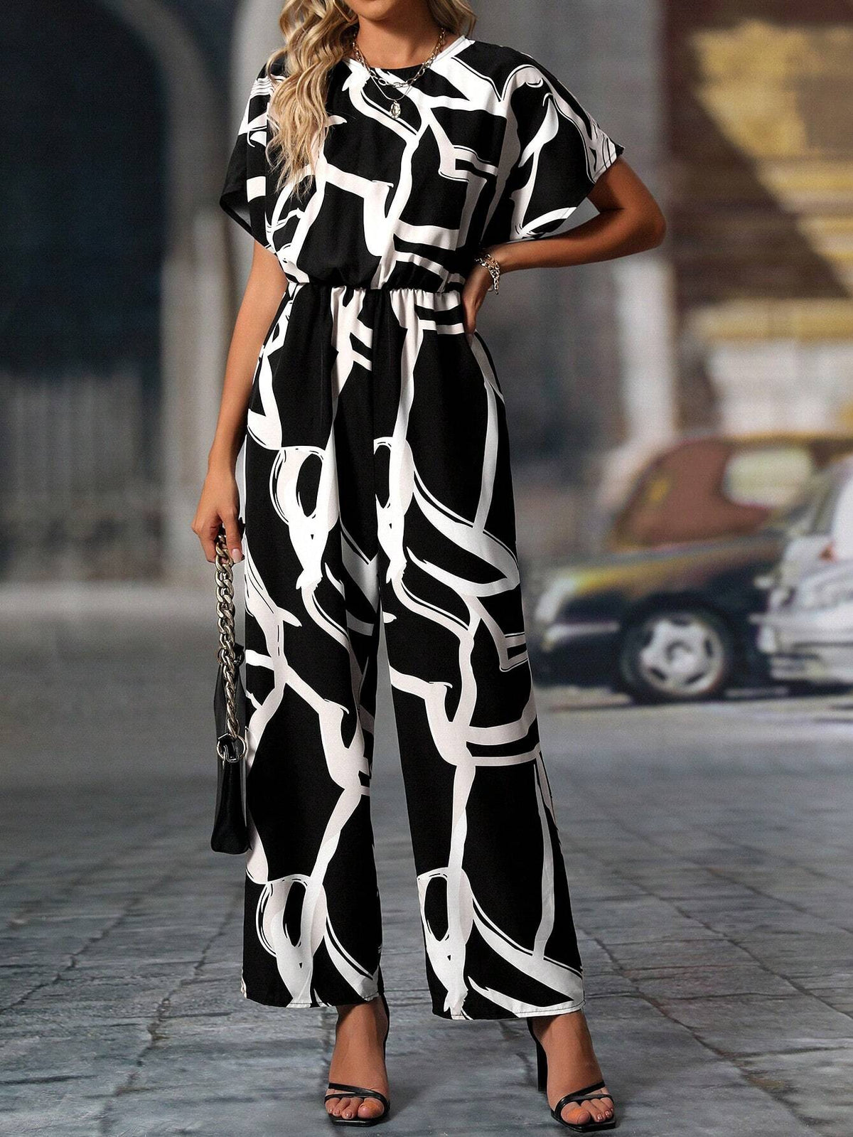 Women's Round Neck Full Allover Print Short Sleeve Jumpsuit With Batwing Sleeves, Pleats, Straight Cut And Loose Fit