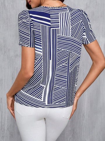 Clasi Women's Round Neck Irregular Striped Top With Buttons