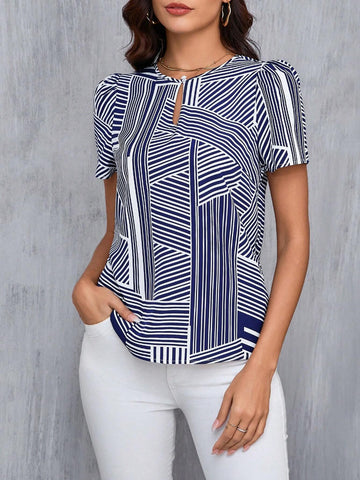 Clasi Women's Round Neck Irregular Striped Top With Buttons