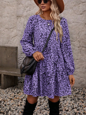 Women's Round Neck Long Sleeve All-Over Print Ruched Short Dress