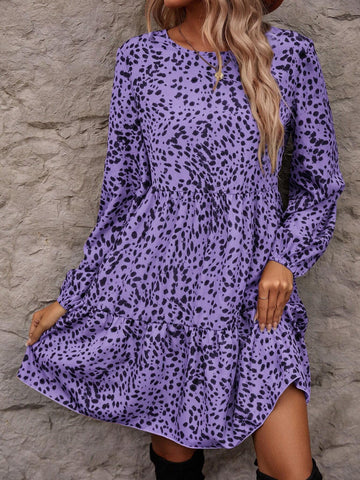 Women's Round Neck Long Sleeve All-Over Print Ruched Short Dress