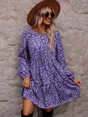 Women's Round Neck Long Sleeve All-Over Print Ruched Short Dress