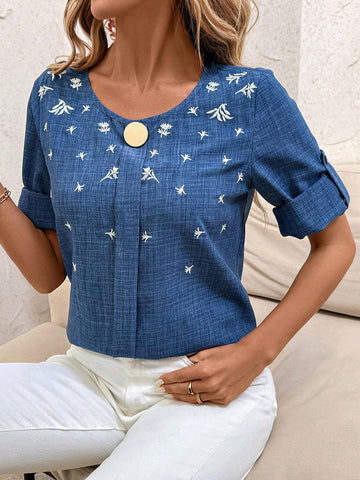 Clasi Women's Round Neck Long Sleeve Metal Decor Loose Fit Blouse For Autumn