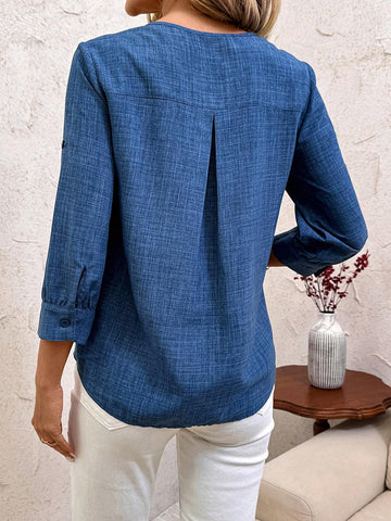 Clasi Women's Round Neck Long Sleeve Metal Decor Loose Fit Blouse For Autumn