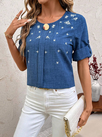 Clasi Women's Round Neck Long Sleeve Metal Decor Loose Fit Blouse For Autumn