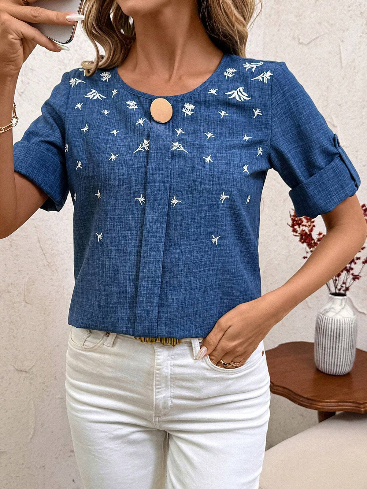 Clasi Women's Round Neck Long Sleeve Metal Decor Loose Fit Blouse For Autumn