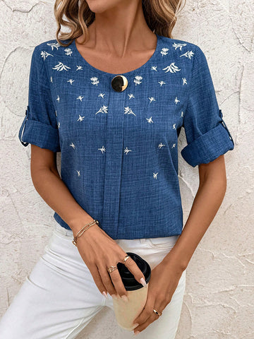 Clasi Women's Round Neck Long Sleeve Metal Decor Loose Fit Blouse For Autumn