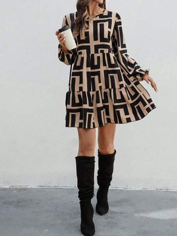 Women's Round Neck Long Sleeve Pleated All-Over Print Mini Casual Dress