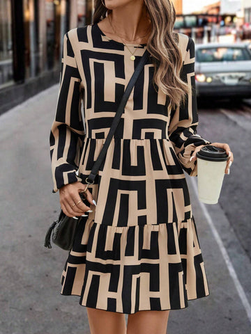 Women's Round Neck Long Sleeve Pleated All-Over Print Mini Casual Dress
