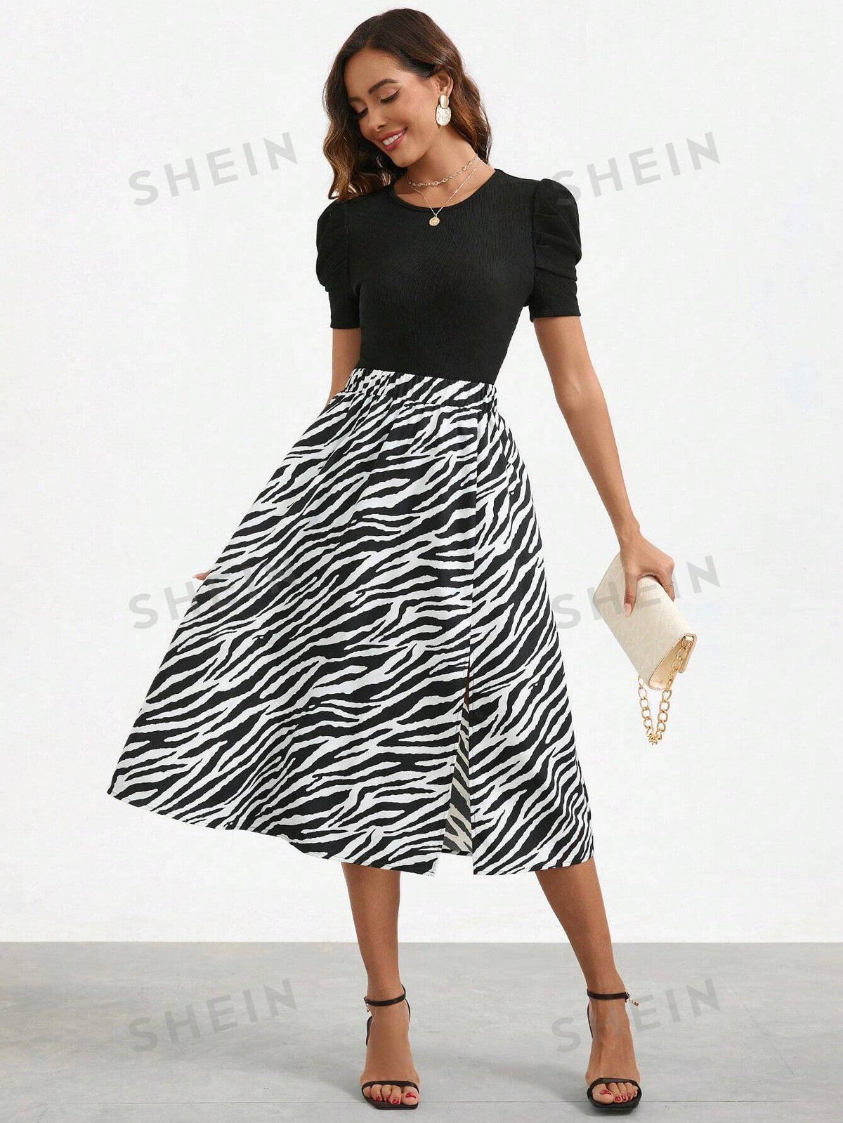 Women's Round Neck Puff Short Sleeve Top And Zebra Pattern Side Pocket Skirt Two-Piece Set