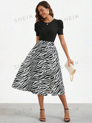 Women's Round Neck Puff Short Sleeve Top And Zebra Pattern Side Pocket Skirt Two-Piece Set