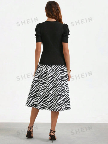 Women's Round Neck Puff Short Sleeve Top And Zebra Pattern Side Pocket Skirt Two-Piece Set
