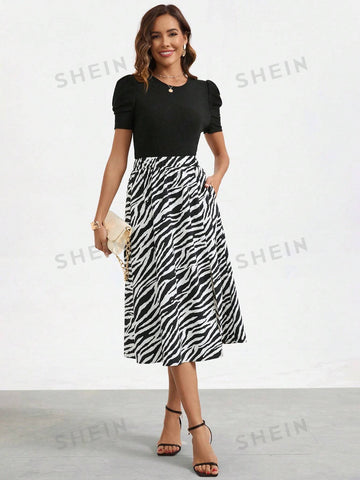Women's Round Neck Puff Short Sleeve Top And Zebra Pattern Side Pocket Skirt Two-Piece Set