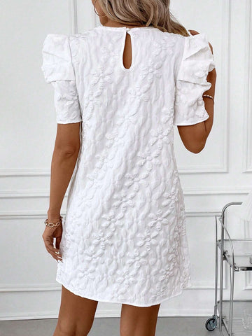 Women's Round Neck Solid Color Short Sleeve Romper With Leg-Of-Mutton Sleeve For Casual