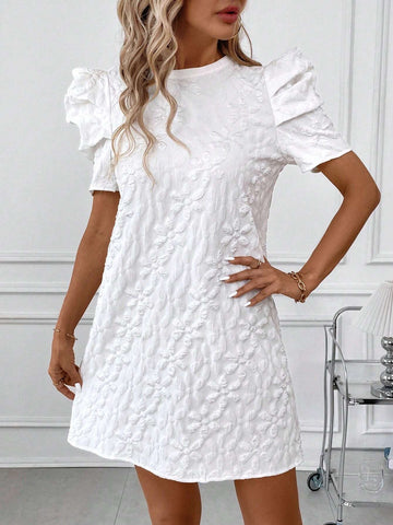 Women's Round Neck Solid Color Short Sleeve Romper With Leg-Of-Mutton Sleeve For Casual