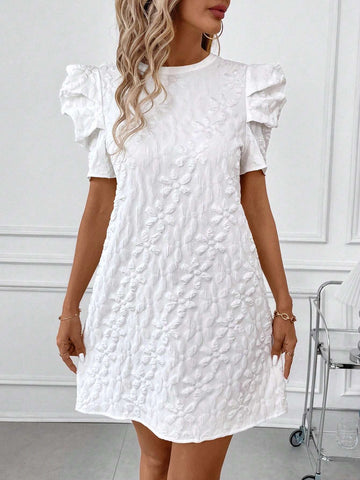 Women's Round Neck Solid Color Short Sleeve Romper With Leg-Of-Mutton Sleeve For Casual