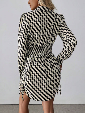 Women's Ruched Side Drawstring Wave Striped Mini Dress