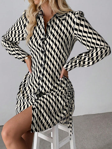Women's Ruched Side Drawstring Wave Striped Mini Dress