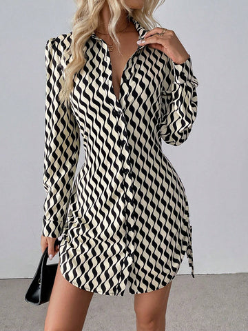Women's Ruched Side Drawstring Wave Striped Mini Dress