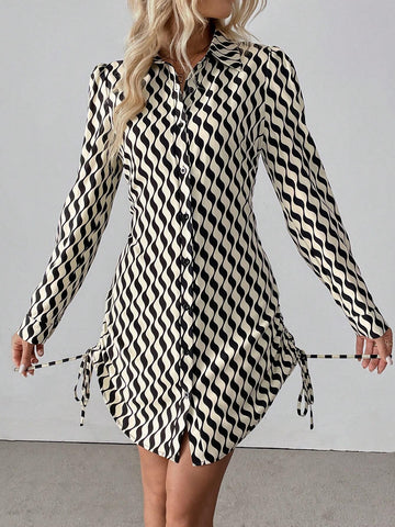 Women's Ruched Side Drawstring Wave Striped Mini Dress