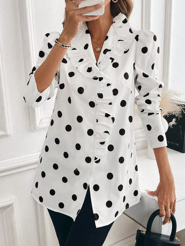 Clasi Women's Ruffle Collar Business Casual Cardigan Shirt, Autumn