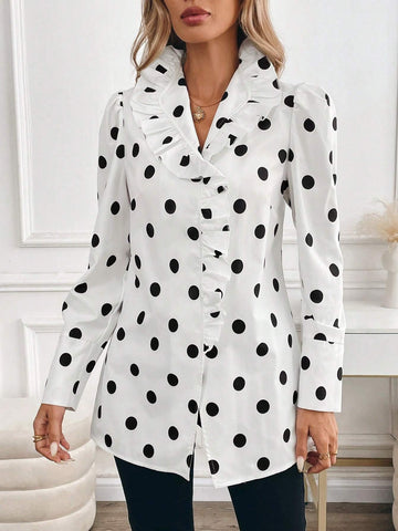 Clasi Women's Ruffle Collar Business Casual Cardigan Shirt, Autumn