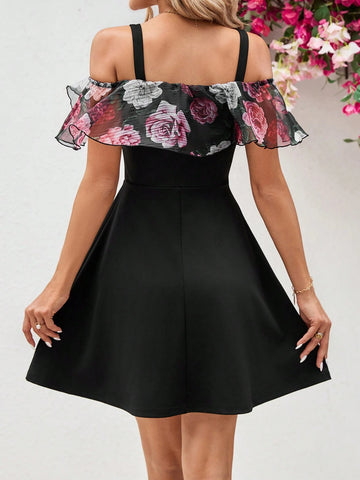Women's Ruffle Floral Print Organza Ruffle Hem Dress