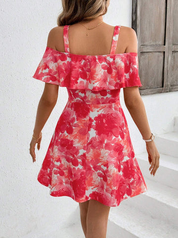 Women's Ruffle Floral Print Ruffle Hem A-Line Dress