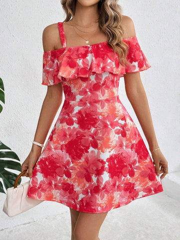 Women's Ruffle Floral Print Ruffle Hem A-Line Dress