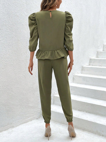 Women's Ruffle Hem Top And Joggers Set