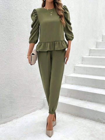 Women's Ruffle Hem Top And Joggers Set