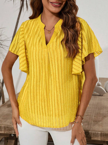 Clasi Women's See-Through Mesh Ruffle Sleeve Cutout V-Neck Blouse