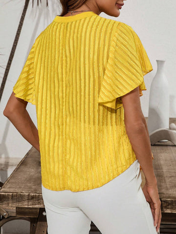 Clasi Women's See-Through Mesh Ruffle Sleeve Cutout V-Neck Blouse