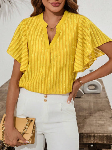 Clasi Women's See-Through Mesh Ruffle Sleeve Cutout V-Neck Blouse