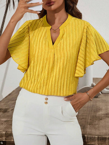 Clasi Women's See-Through Mesh Ruffle Sleeve Cutout V-Neck Blouse