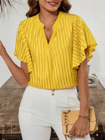 Clasi Women's See-Through Mesh Ruffle Sleeve Cutout V-Neck Blouse