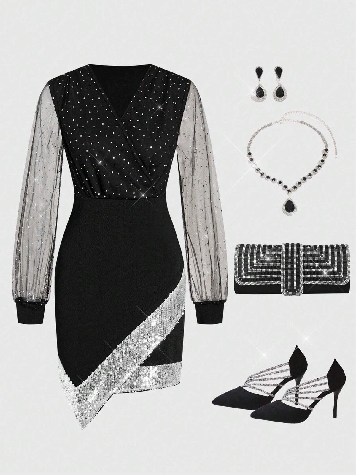 Women's Sequin Decor V-Neck Long Sleeve Casual Simple Mesh Dress