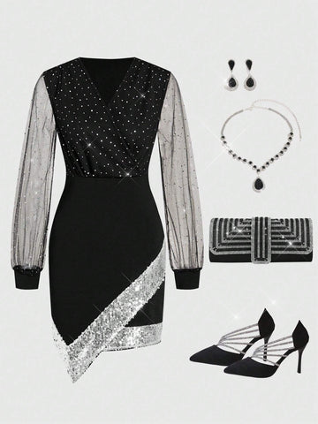 Women's Sequin Decor V-Neck Long Sleeve Casual Simple Mesh Dress