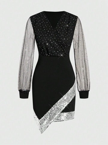 Women's Sequin Decor V-Neck Long Sleeve Casual Simple Mesh Dress