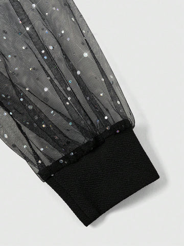 Women's Sequin Decor V-Neck Long Sleeve Casual Simple Mesh Dress