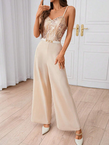 Women's Sequin Patchwork Wide Leg Elegant Jumpsuit