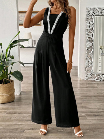 Women's Sequin Patchwork Woven Strap Wide Leg Jumpsuit, Summer