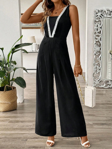 Women's Sequin Patchwork Woven Strap Wide Leg Jumpsuit, Summer