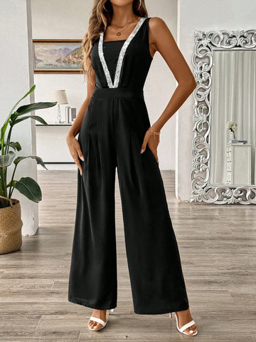 Women's Sequin Patchwork Woven Strap Wide Leg Jumpsuit, Summer