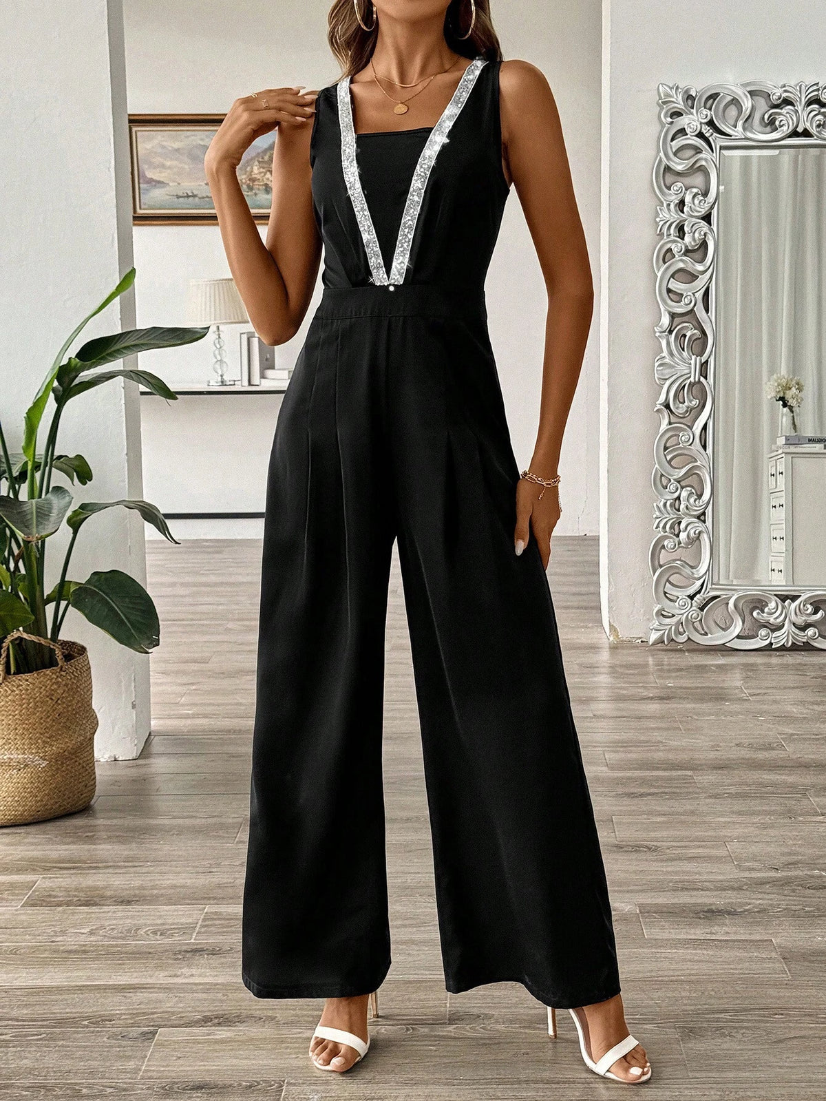 Women's Sequin Patchwork Woven Strap Wide Leg Jumpsuit, Summer