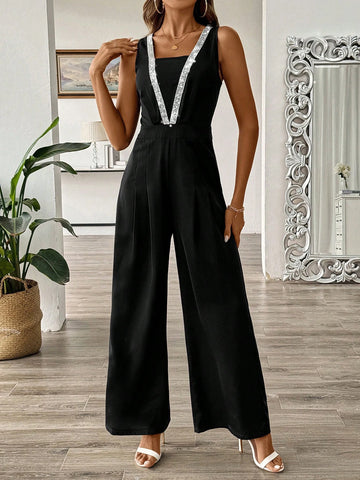 Women's Sequin Patchwork Woven Strap Wide Leg Jumpsuit, Summer