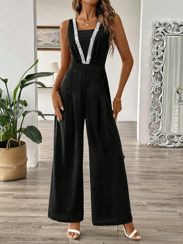 Women's Sequin Patchwork Woven Strap Wide Leg Jumpsuit, Summer