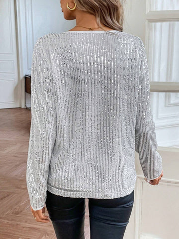 Clasi Women's Shiny V-Neck Puff Sleeve Party Long Sleeve Blouse For Fall/Winter